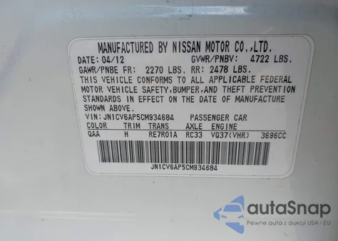 2012 Infiniti G37 Journey z USA, uszkodzony, nr VIN JN1CV6AP5CM934684